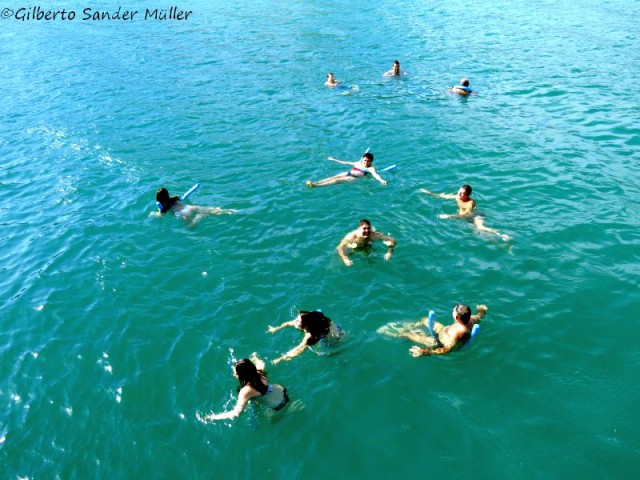Nos passeios de escuna, os turistas mergulham em mar aberto para um refresco